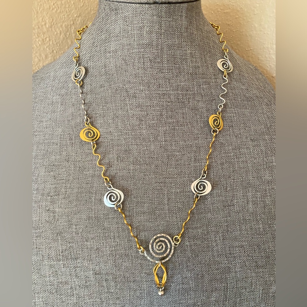 Vintage Two-Tone Spiral Necklace | Gold & Silver Tone Artisan Wire Link | 25” - Picture 1 of 6